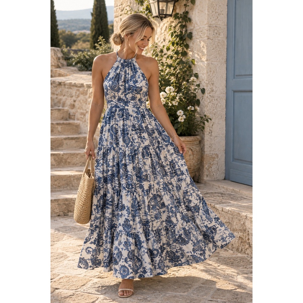 Bisou Bisou Paisley Tiered Maxi Dress Halter‎ Blue White Fall Transition Size 14
